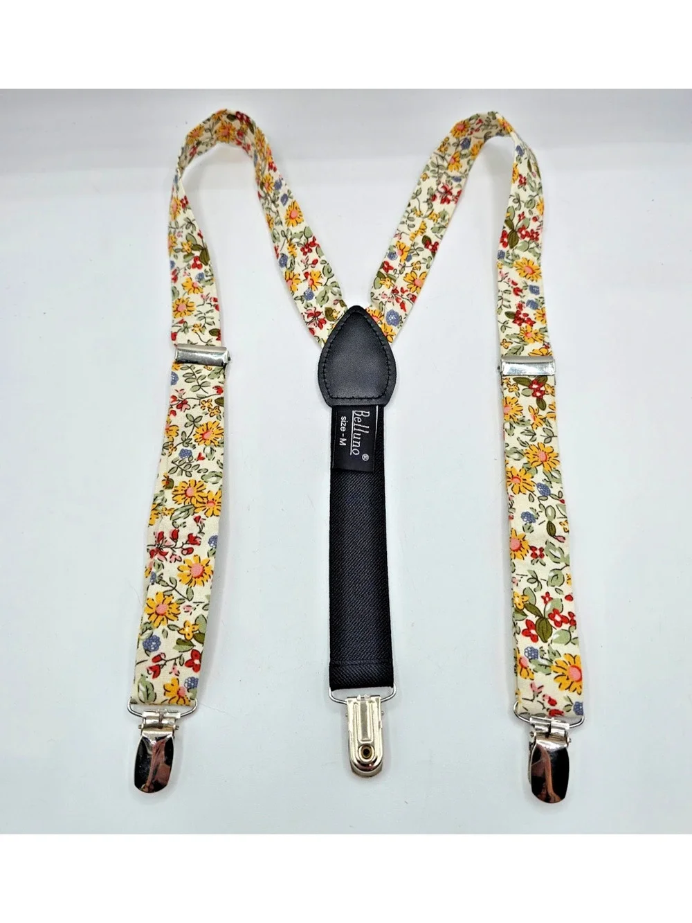 Belluno Kids Sz M Suspenders Cotton Linen Blend Floral Yellow Green